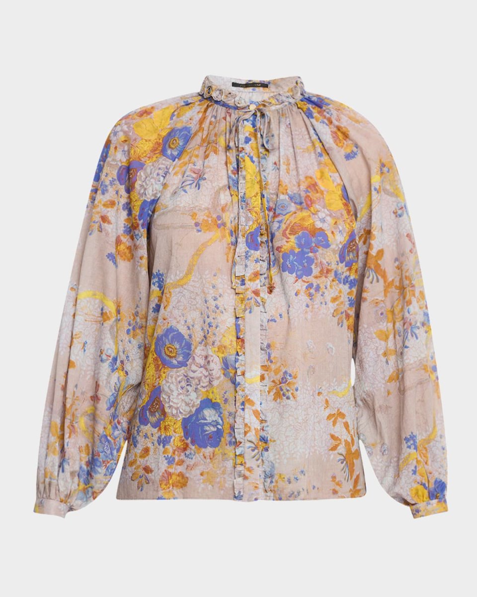 Janice Ruffled Tie-Neck Floral Cotton Blous